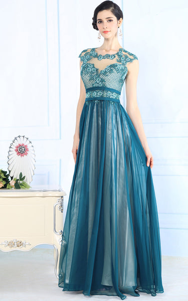 Teal Silk Chiffon Modest Lace Formal Prom Evening Dress – JoJo Shop