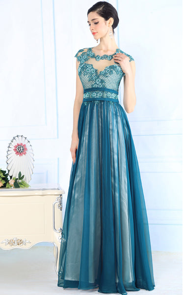 Teal Silk Chiffon Modest Lace Formal Prom Evening Dress – JoJo Shop