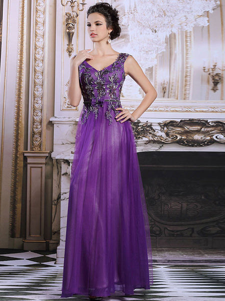 Elegant Purple Grecian Tulle Formal Prom Evening Dress | DQ831240