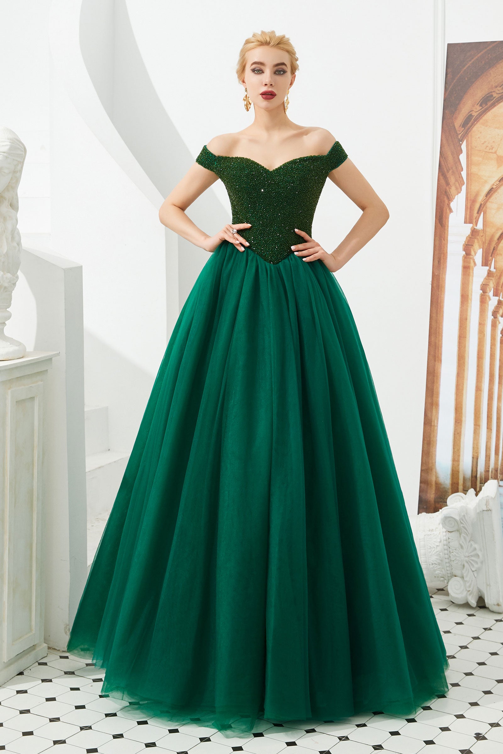 Emerald Green Ball Gown Prom Evening Dress with Off the Shoulder Neckl ...