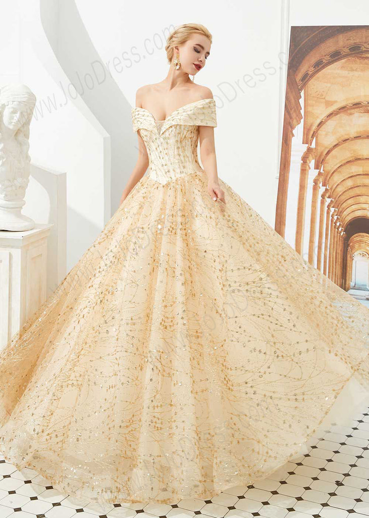 off the shoulder gold prom dress