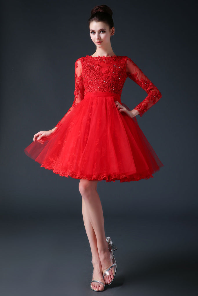 Red Modest Long Sleeves Short Cocktail Prom Dress Cc3001 Jojo Shop 7955