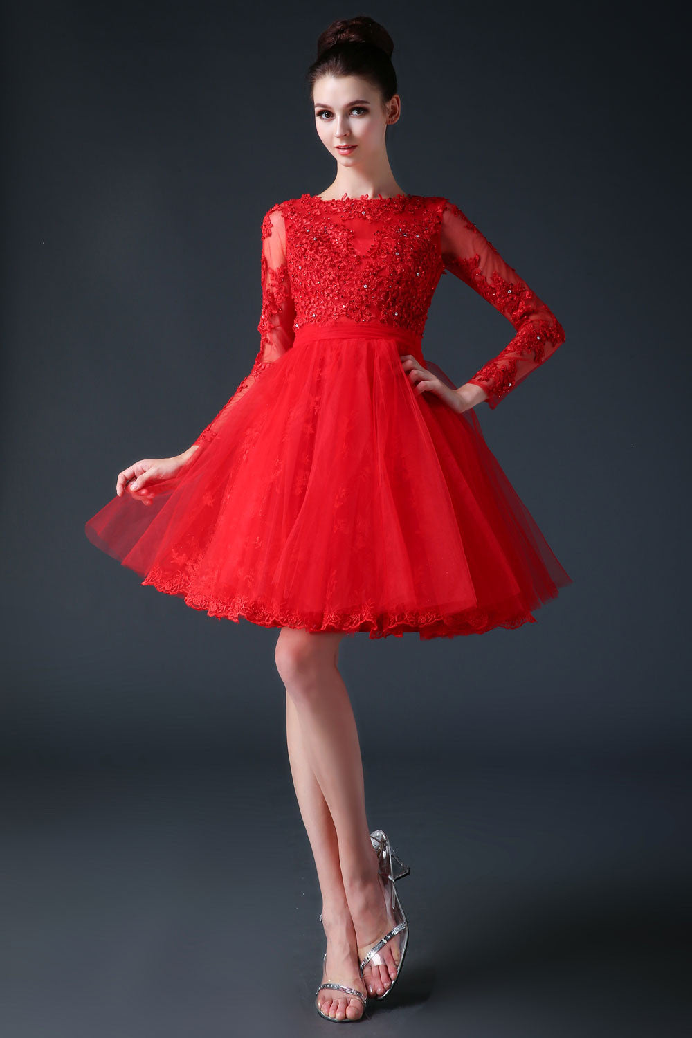 Red Modest Long Sleeves Short Cocktail Prom Dress Cc3001 Jojo Shop 