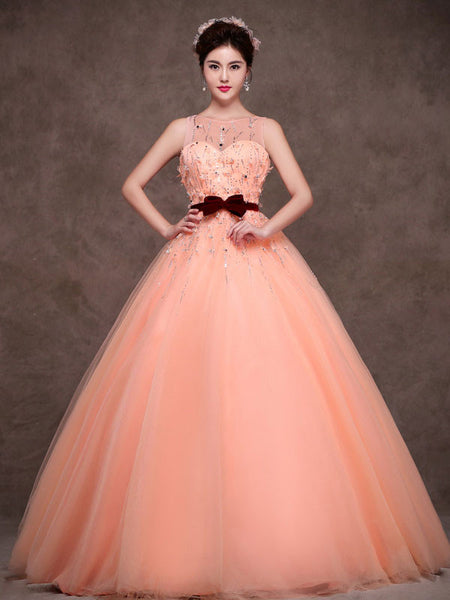 Modest Peach  Tulle Quinceanera Ball  Gown  Formal Evening 