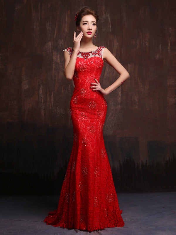 red fitted lace dress