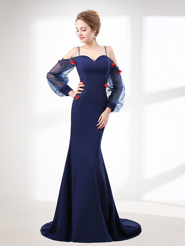 navy blue off the shoulder mermaid dress