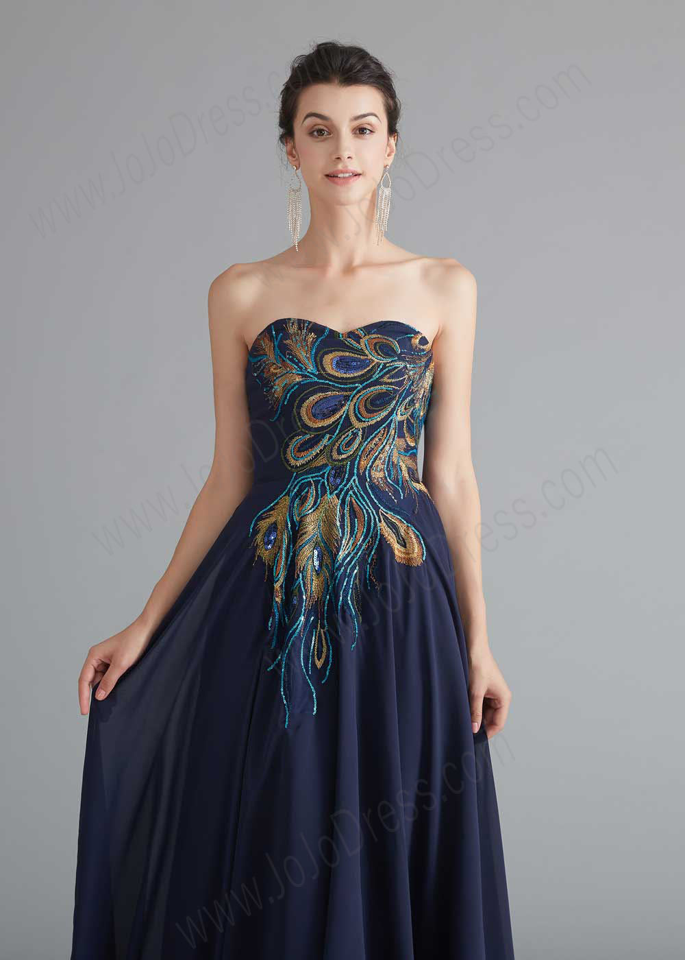 Strapless Navy Chiffon Peacock Style Formal Evening Dress – JoJo Shop