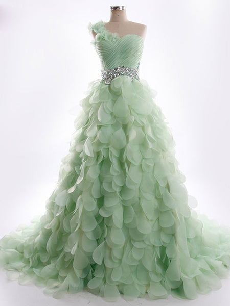 One Shoulder Green Petal Whimsical Formal Prom Evening Dress – JoJo Shop