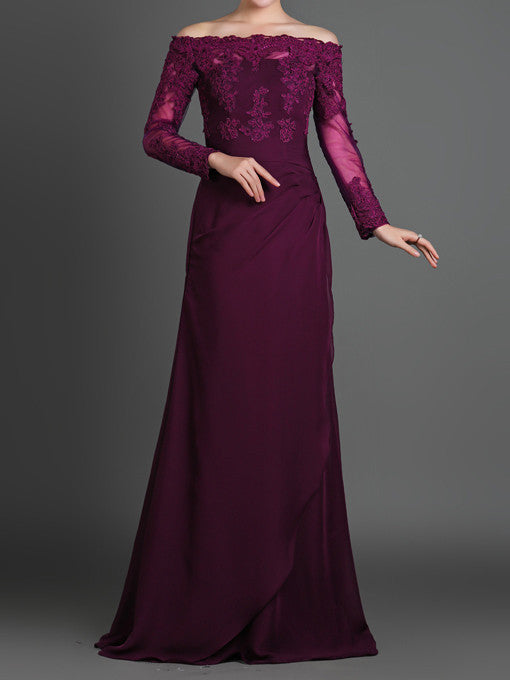 purple evening gowns with sleeves