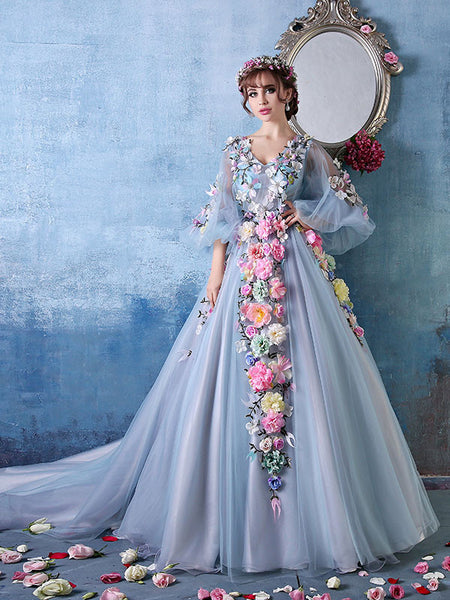 Long Sleeves Ball Gown Evening Dress with Colored Flowers 