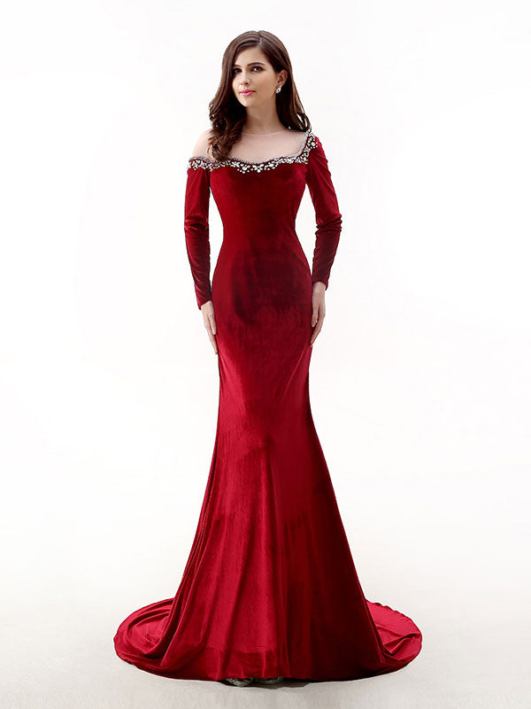 long sleeve red velvet gown