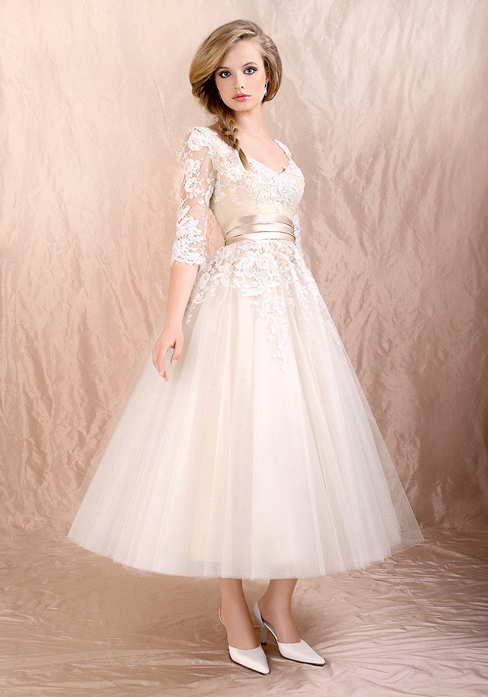 Retro 50s 60s Tea Length Long Sleeves Lace Tulle Formal Wedding Dress ...