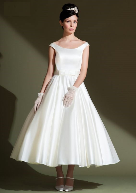 Vintage Retro Classic Tea Length Satin Wedding Dress