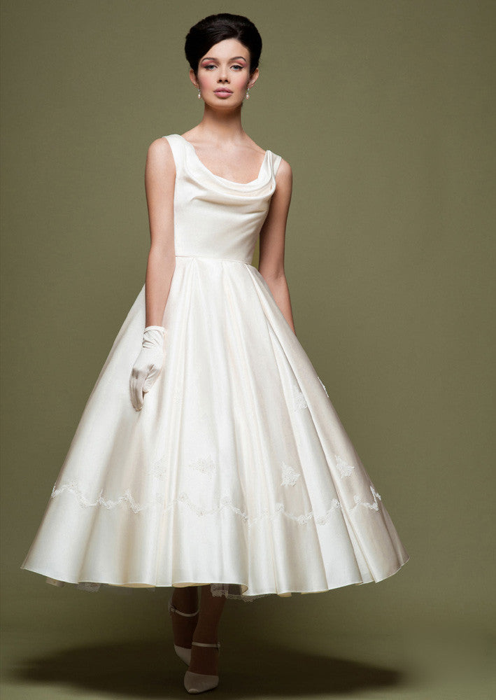 Vintage Retro  50s Tea Length Wedding  Dress  with Crowl Neck 