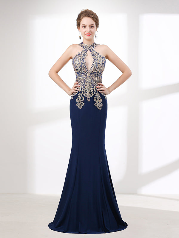 navy blue lace evening gown