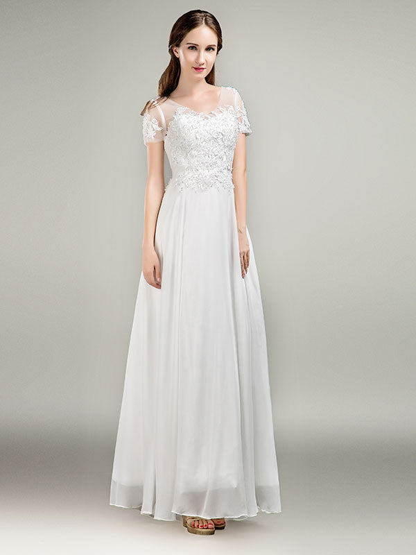 simple short sleeve lace chiffon wedding dress