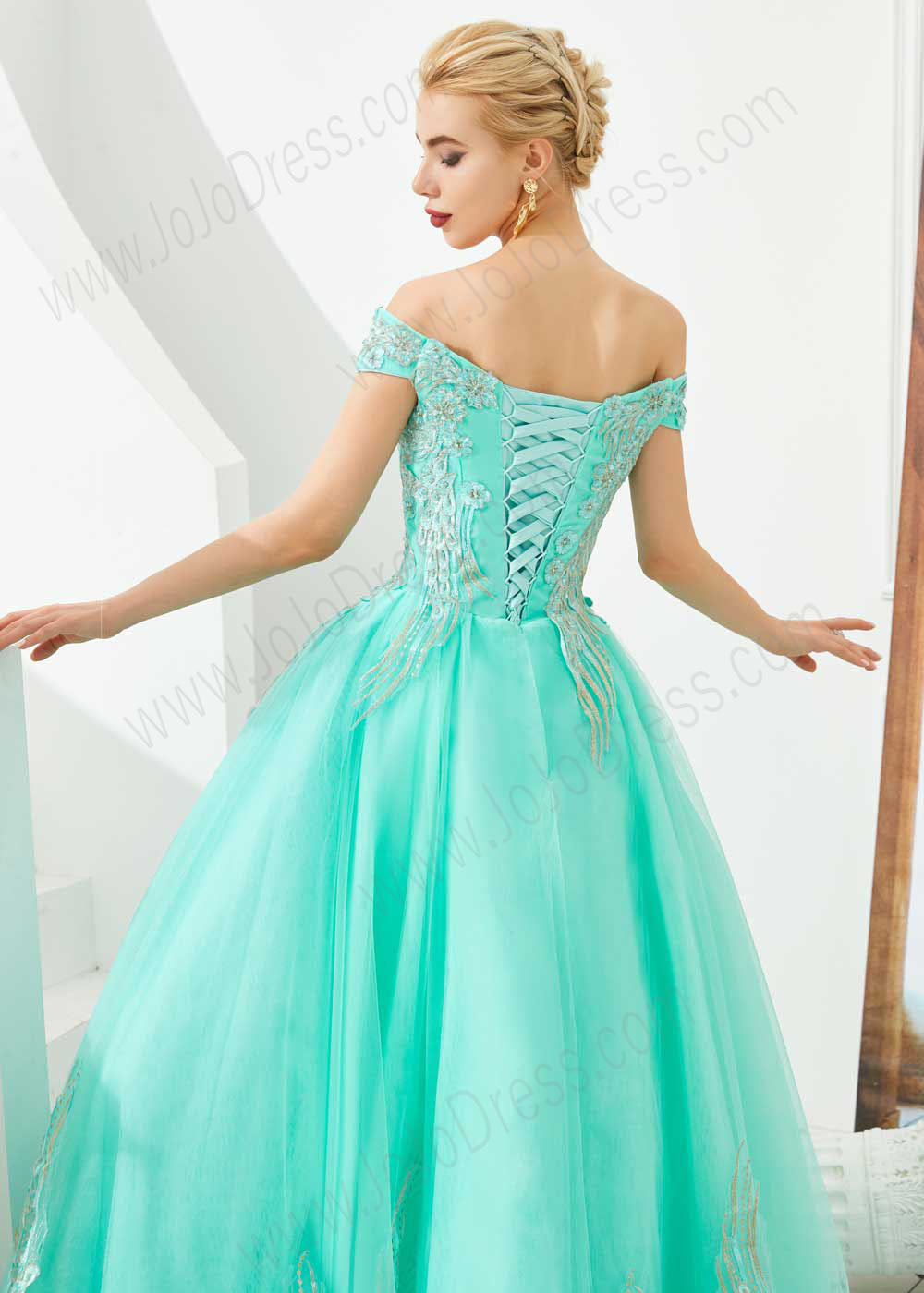 Turquoise Off The Shoulder Ball Gown Prom Formal Dress Jojo Shop 1421