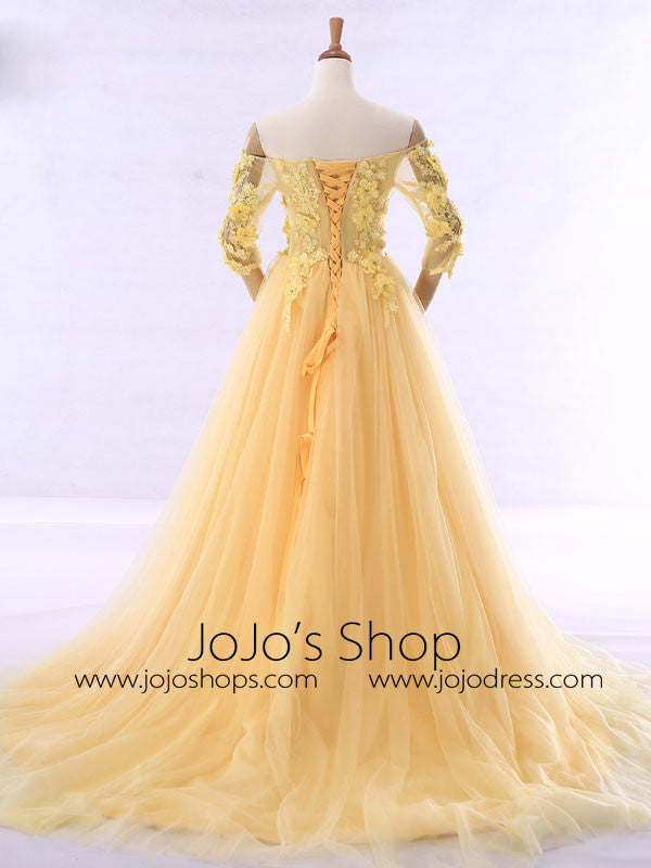 yellow off the shoulder formal dress