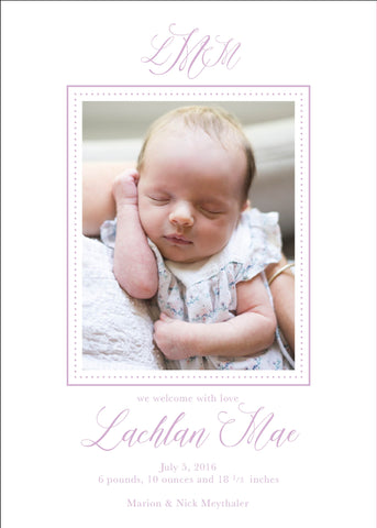Colored Background Large Monogram Birth Announcement