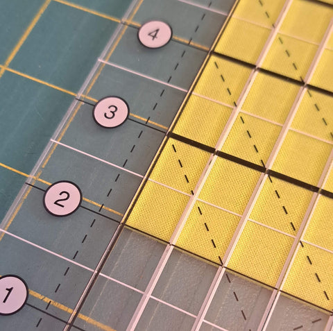 Close up of yardage line up with the 0 marking on a stripology ruler.