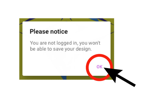 QuiltInk's prompt stating that you will not be able to save your mock-up because you are not logged in.