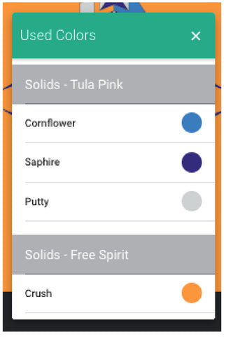 The used colours sub menu in QuiltInk.