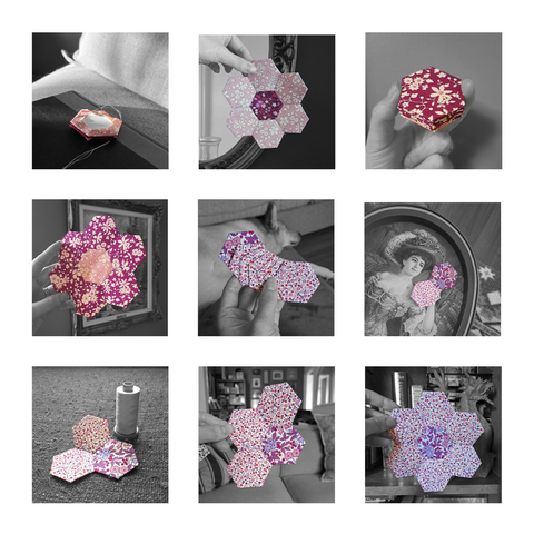 grid of nine images features english paper pieced hexagons in purple flower fabrics