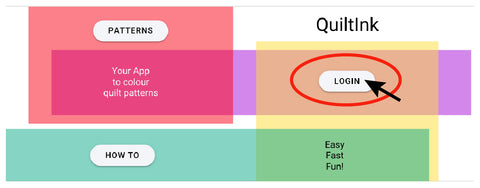QuiltInk's homepage with the login button highlighted.