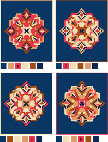 Four versions of the nesting phoenix baby quilts featuring kona's colour of the year, crush, on a dark blue background.