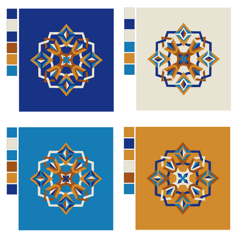 Four digital mockups of nesting phoenix in blues, browns and creams.