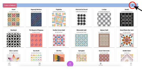 The pattern page on QuiltInk with the tabs icon highlighted. 