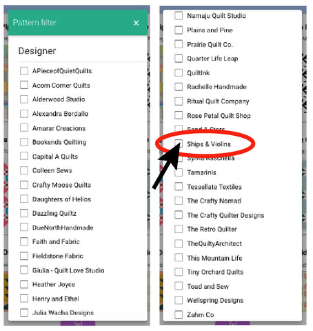A list of designers featured on QuiltInk with Ships and Violins highlighted. 