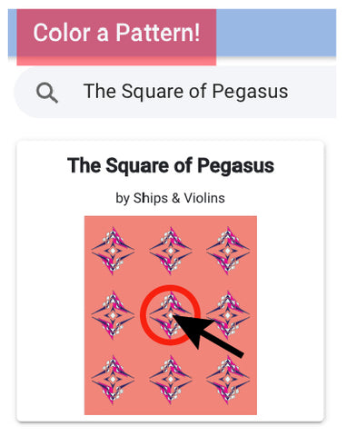 A close-up of the search bar on the QuiltInk's pattern page highlighting the Square of Pegasus pattern. 