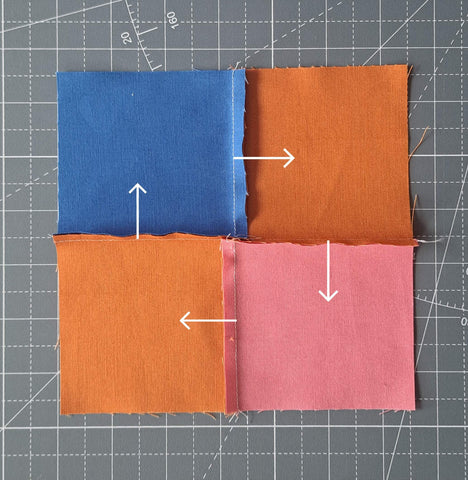 Image of four patch with arrows showing which way to press seam allowances.