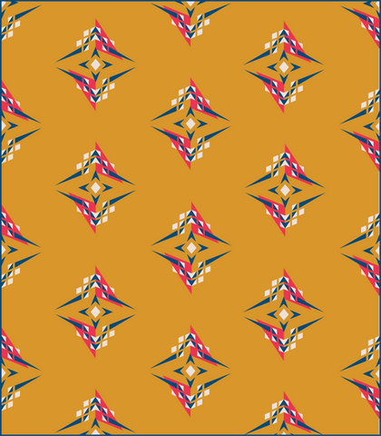 The Square of Pegasus throw quilt mockup featuring Kona's colour of the year crush on a gold background.