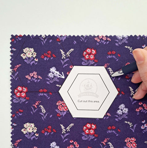 photos of hexagon template traced onto floral fabric