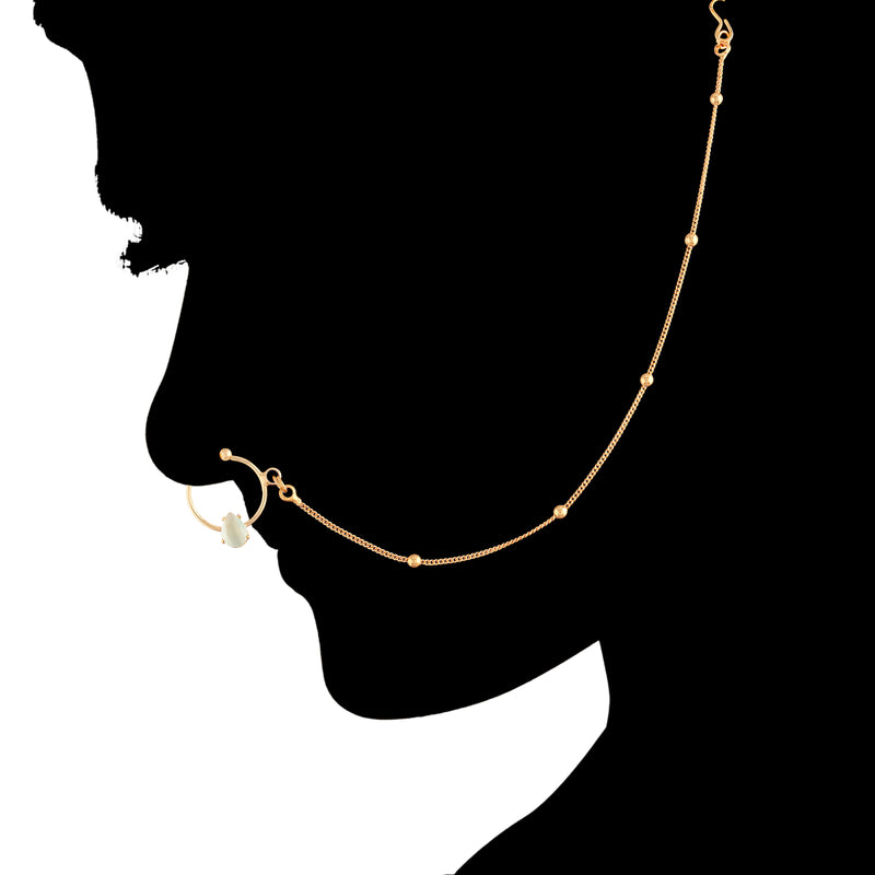 Gold-Plated Mint Kundan-Studded Nose Ring With Pearl Chain