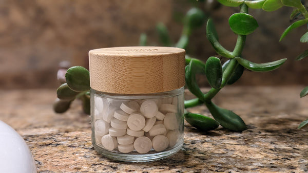 glass jar for tooth tablets, holds 2 month supply