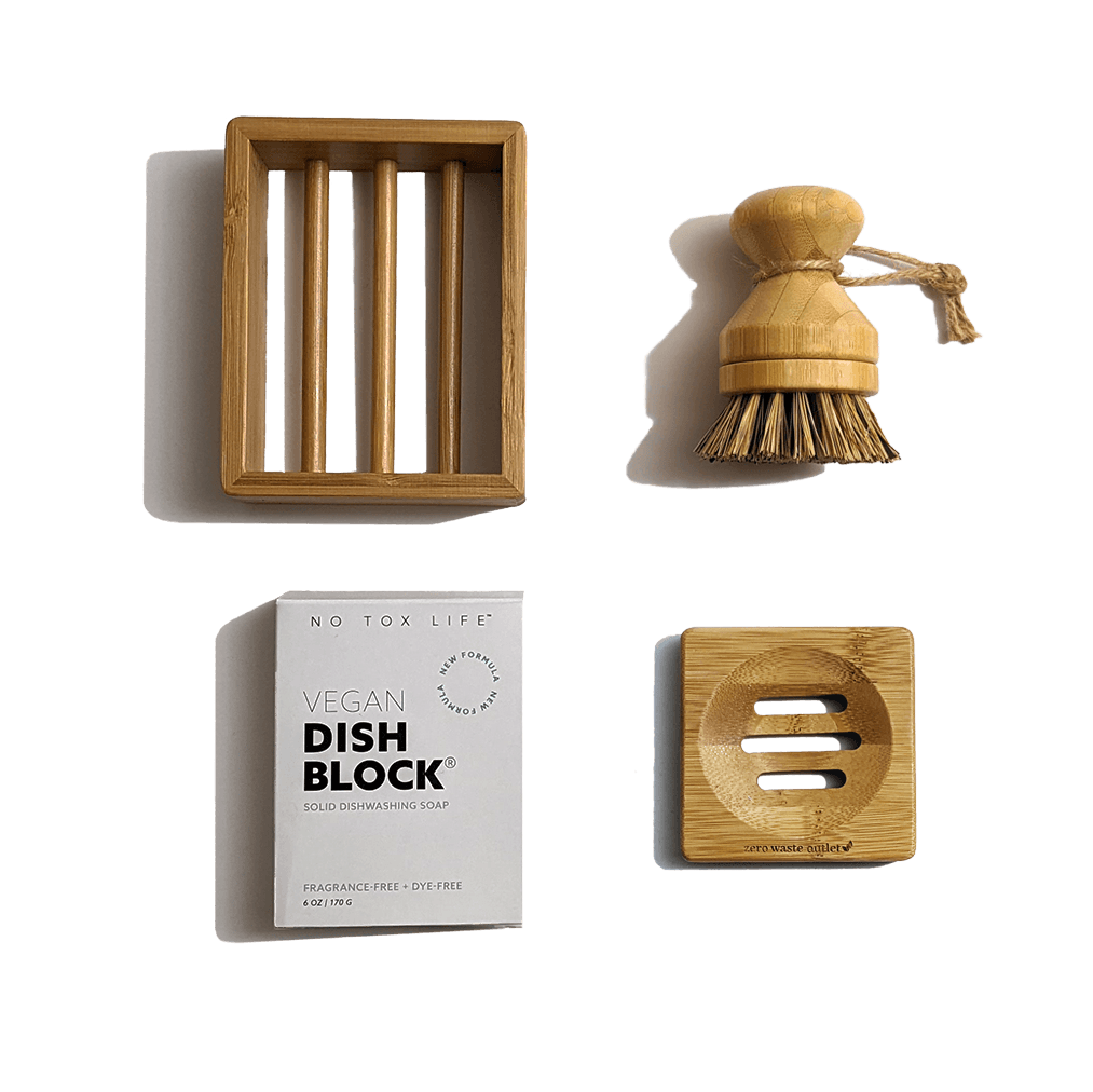 Zero Waste MVMT Dish Washing Bundle Kit | Eco-Friendly Solid Dish Soap,  Cedar Soap Tray, Bamboo Pot Brush | Organic, Vegan, Non-Toxic Dish Soap |  3pc.