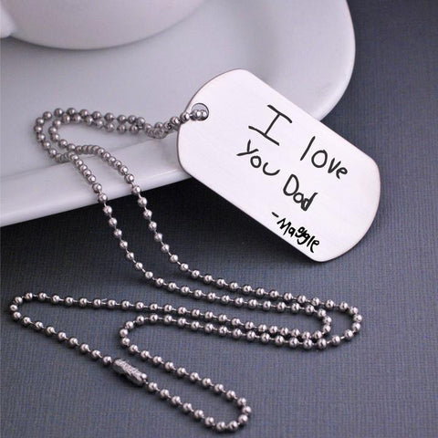 Custom engraved handwriting on dog tag necklace by love georgie