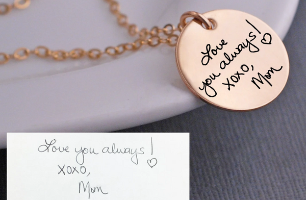 gold engraved handwriting necklace featuring message from mom