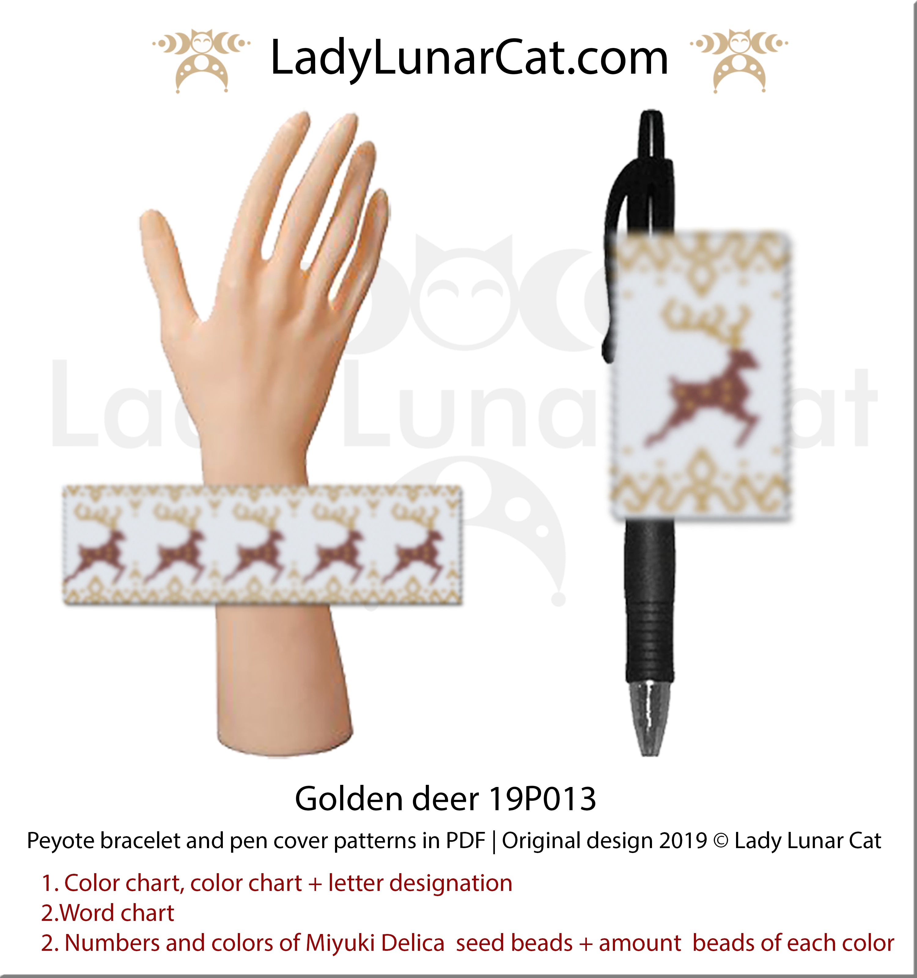 Peyote bracelet pattern for beading - Golden deer 19P013 | Winter pen cover pattern