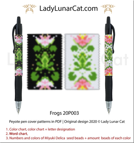 Peyote pen cover pattern for beading | Beaded pen wrap and rings tutorial 20P003 Frogs by Lady Lunar Cat