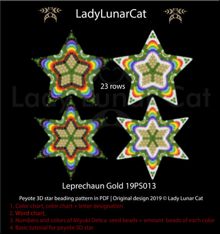 Beaded star pattern for beadweaving Leprechaun Gold 19PS013 by Lady Lunar Cat | Seed beads tutorial for 3D peyote star
