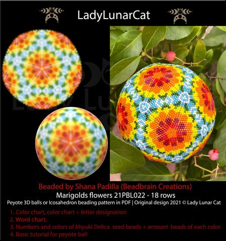 Beaded ball pattern for beading Peyote 3d Icosahedron Marigolds flowers 21PBL022 18 rows