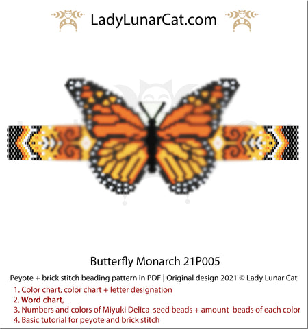 Peyote bracelet patterns for beading Butterfly Monarch 21P005 by Lady Lunar Cat