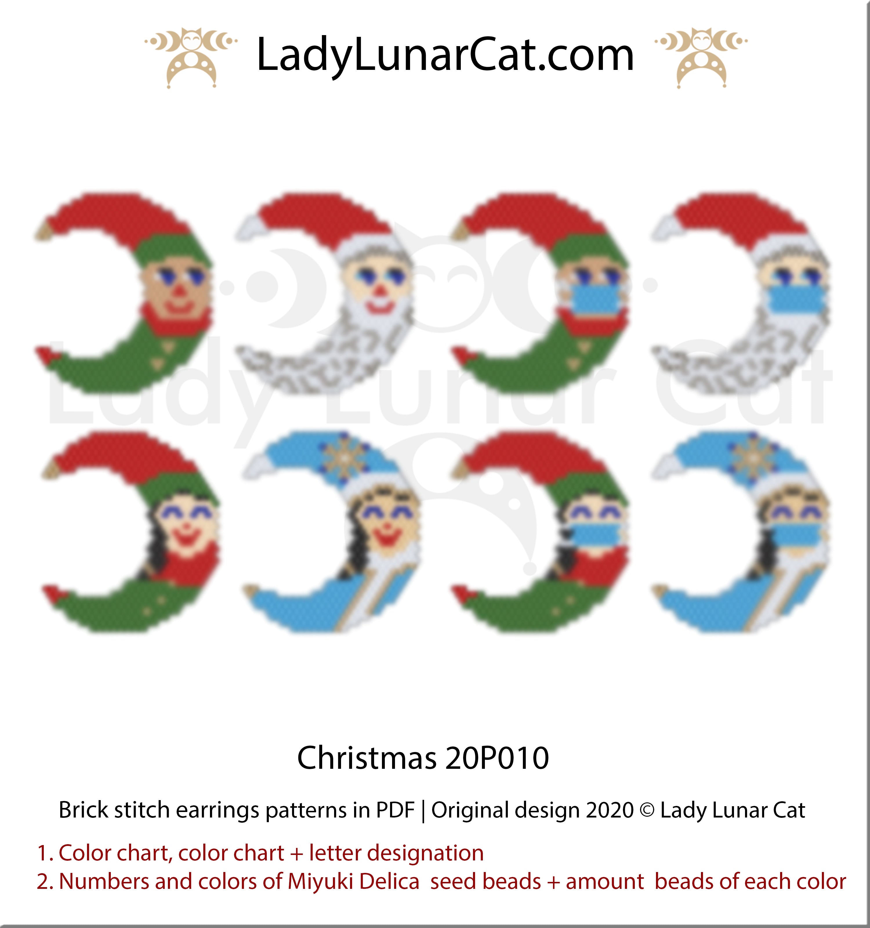 Brick stitch pattern for beading Christmas 20P010 | Winter Beaded earrings tutorial by Lady Lunar Cat