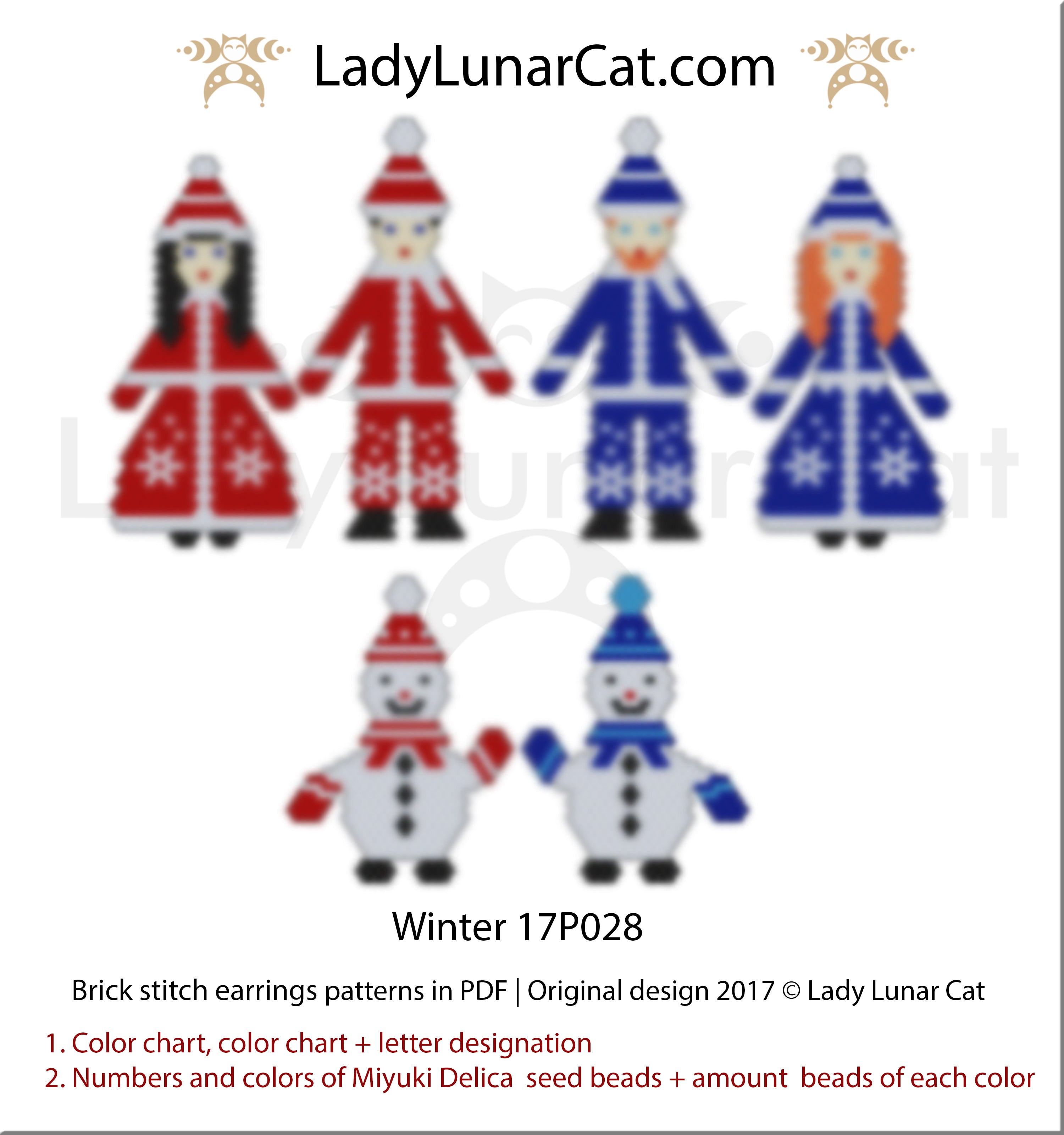 Brick stitch pattern for beading Winter 17P028 | Christmas beaded earrings tutorial by Lady Lunar Cat design