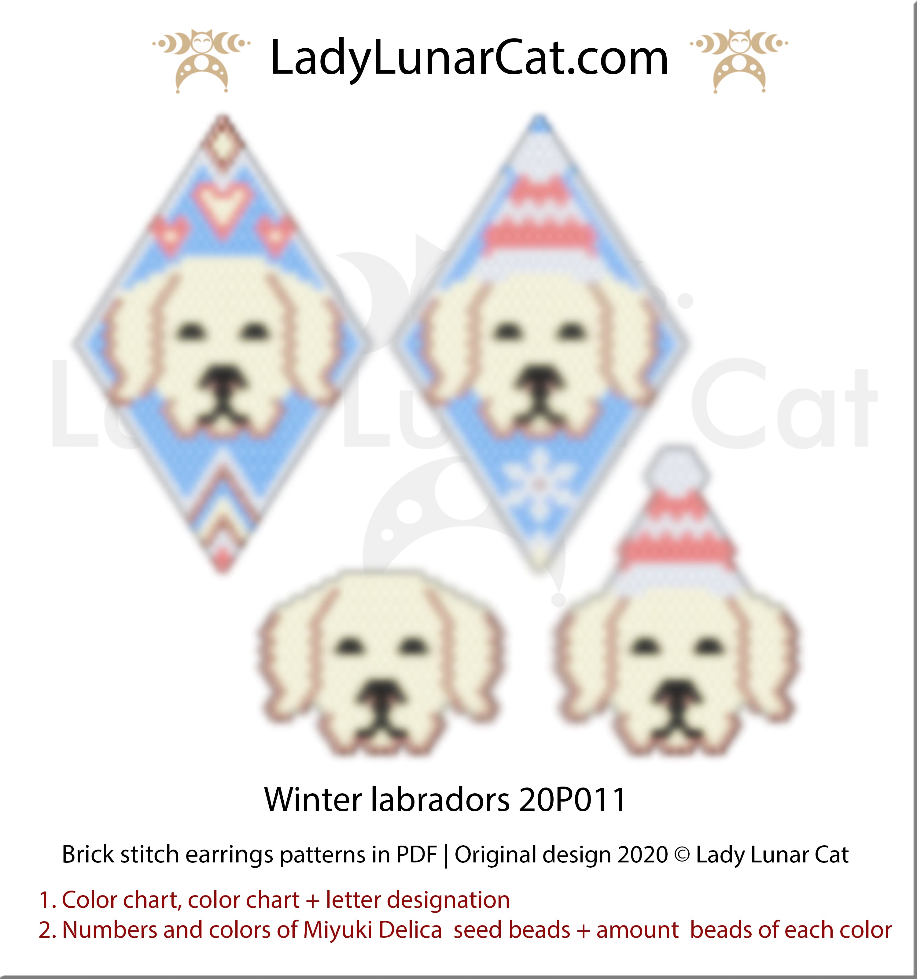 Brick stitch pattern for beading Winter Labradors 20P010 | Christmas beaded earrings tutorial by Lady Lunar Cat