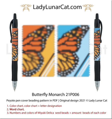 Peyote pen cover pattern for beading | Beaded pen wrap and rings tutorial Butterfly Monarch 21P006 by Lady Lunar Cat